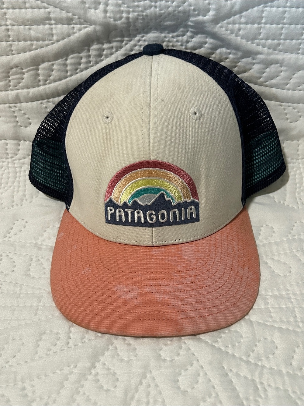 Patagonia Kids Trucker Hat with Rainbow Patch in Cream, Coral & Navy